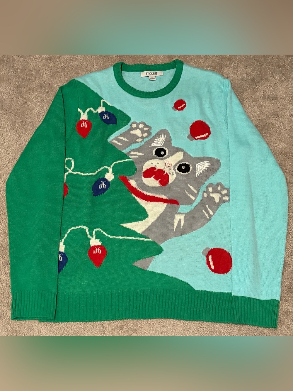 Ugly Christmas Cat Sweater Green Blue Women’s Size Large
